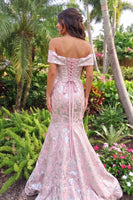 Load image into Gallery viewer, Mermaid Blushing Pink Floral Jacquard Ruched Off the Shoulder Long Prom Dress