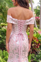 Load image into Gallery viewer, Mermaid Blushing Pink Floral Jacquard Ruched Off the Shoulder Long Prom Dress