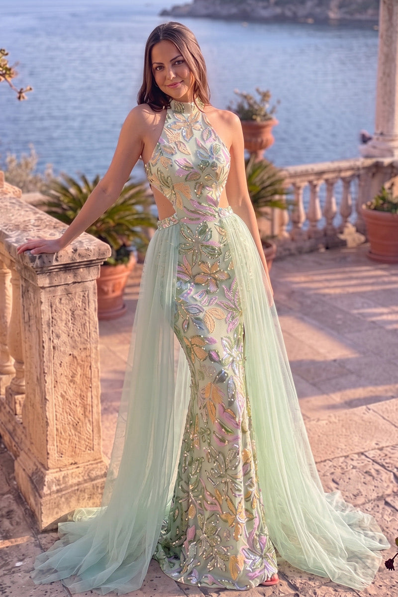 Load image into Gallery viewer, Sparkly Dusty Sage Mermaid Floral Sequin Halter Cut Out Long Prom Dress with Cape