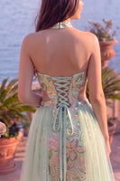 Load image into Gallery viewer, Sparkly Dusty Sage Mermaid Floral Sequin Halter Cut Out Long Prom Dress with Cape