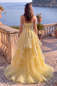 A Line Gold Ruffled Floral Tiered Sweetheart Long Prom Dress with Slit
