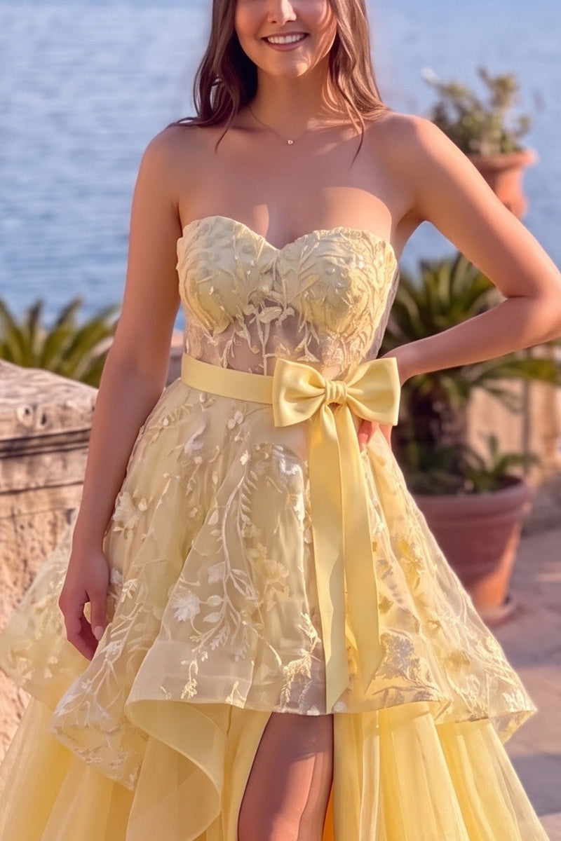 Load image into Gallery viewer, A Line Gold Ruffled Floral Tiered Sweetheart Long Prom Dress with Slit