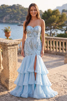 Load image into Gallery viewer, Sparkly Blue Mermaid Sweetheart Ruffled Maxi Prom Dress with Beading