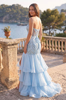 Load image into Gallery viewer, Sparkly Blue Mermaid Sweetheart Ruffled Maxi Prom Dress with Beading