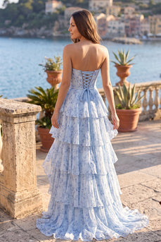 Floral Blue Corset Sweethert Ruffled Tiered Long Prom Dress with Pearls