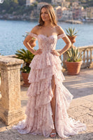 Load image into Gallery viewer, Blushing Pink Corset Ruffled Off the Shoulder Maxi Prom Dress with Slit
