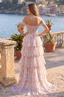 Load image into Gallery viewer, Blushing Pink Corset Ruffled Off the Shoulder Maxi Prom Dress with Slit