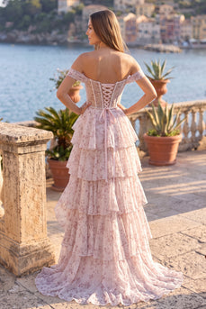 Blushing Pink Corset Ruffled Off the Shoulder Maxi Prom Dress with Slit
