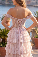 Load image into Gallery viewer, Blushing Pink Corset Ruffled Off the Shoulder Maxi Prom Dress with Slit