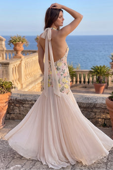 Pink Floral Mermaid Chiffon Halter Long Prom Dress