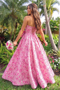 Pink A-Line Sweetheart Floral Jacquard Long Prom Dress with Bow