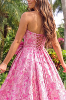 Load image into Gallery viewer, Pink A-Line Sweetheart Floral Jacquard Long Prom Dress with Bow