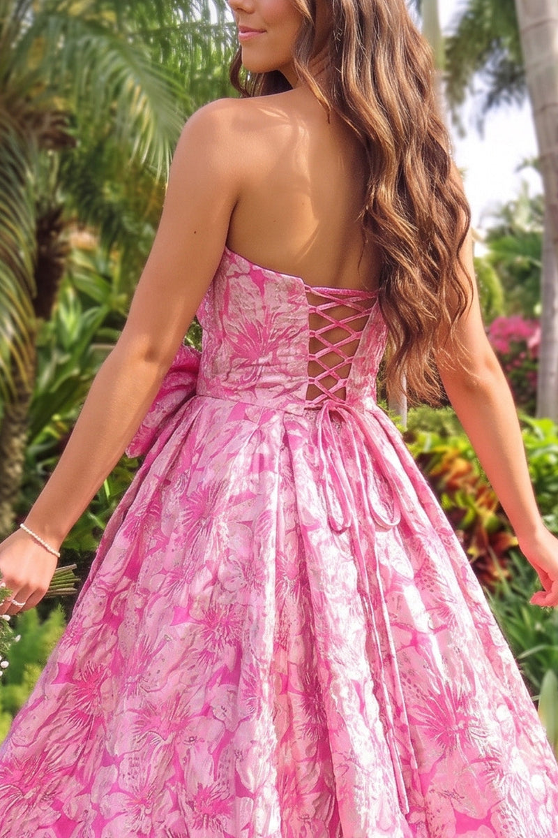 Load image into Gallery viewer, Pink A-Line Sweetheart Floral Jacquard Long Prom Dress with Bow