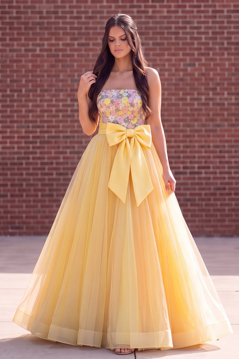 Load image into Gallery viewer, Sparkly Gold Ball Gown Strapless Floral Long Prom Dress with Bow