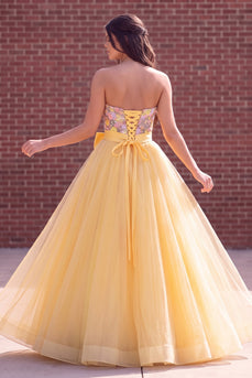 Sparkly Gold Ball Gown Strapless Floral Long Prom Dress with Bow
