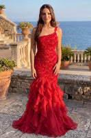 Load image into Gallery viewer, Burgundy One Shoulder Mermaid Ruffled Maxi Prom Dress with 3D Flowers