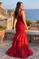 Load image into Gallery viewer, Burgundy One Shoulder Mermaid Ruffled Maxi Prom Dress with 3D Flowers