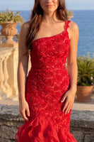 Load image into Gallery viewer, Burgundy One Shoulder Mermaid Ruffled Maxi Prom Dress with 3D Flowers