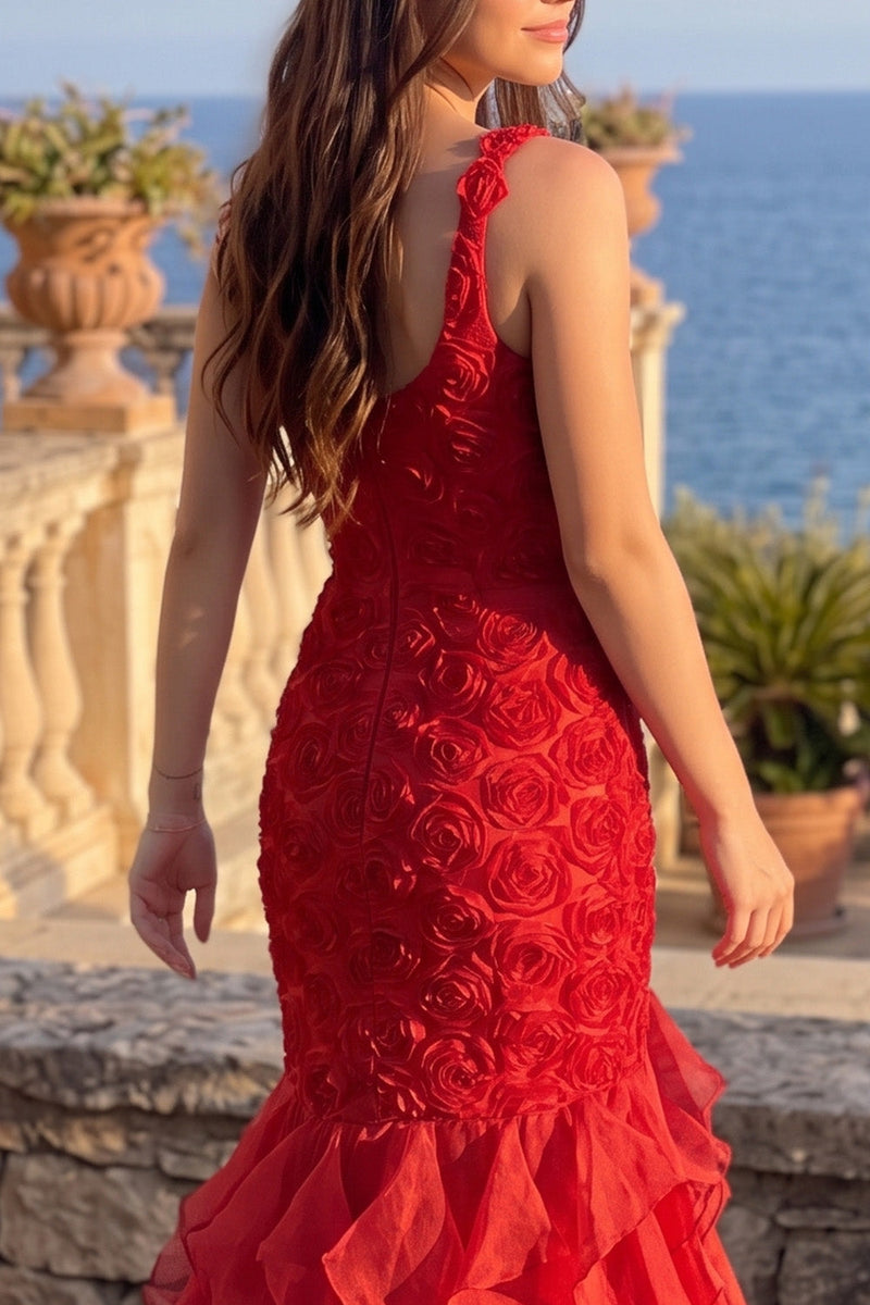 Load image into Gallery viewer, Burgundy One Shoulder Mermaid Ruffled Maxi Prom Dress with 3D Flowers