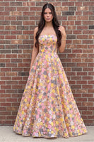 Load image into Gallery viewer, Sparkly Champagne Rose Sequin A-Line Floral Strapless Long Prom Dress