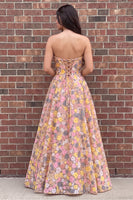 Load image into Gallery viewer, Sparkly Champagne Rose Sequin A-Line Floral Strapless Long Prom Dress
