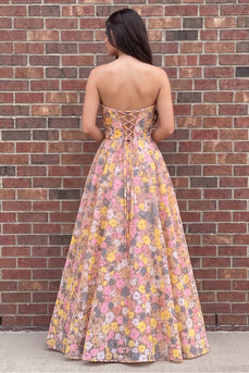 Sparkly Champagne Rose Sequin A-Line Floral Strapless Long Prom Dress