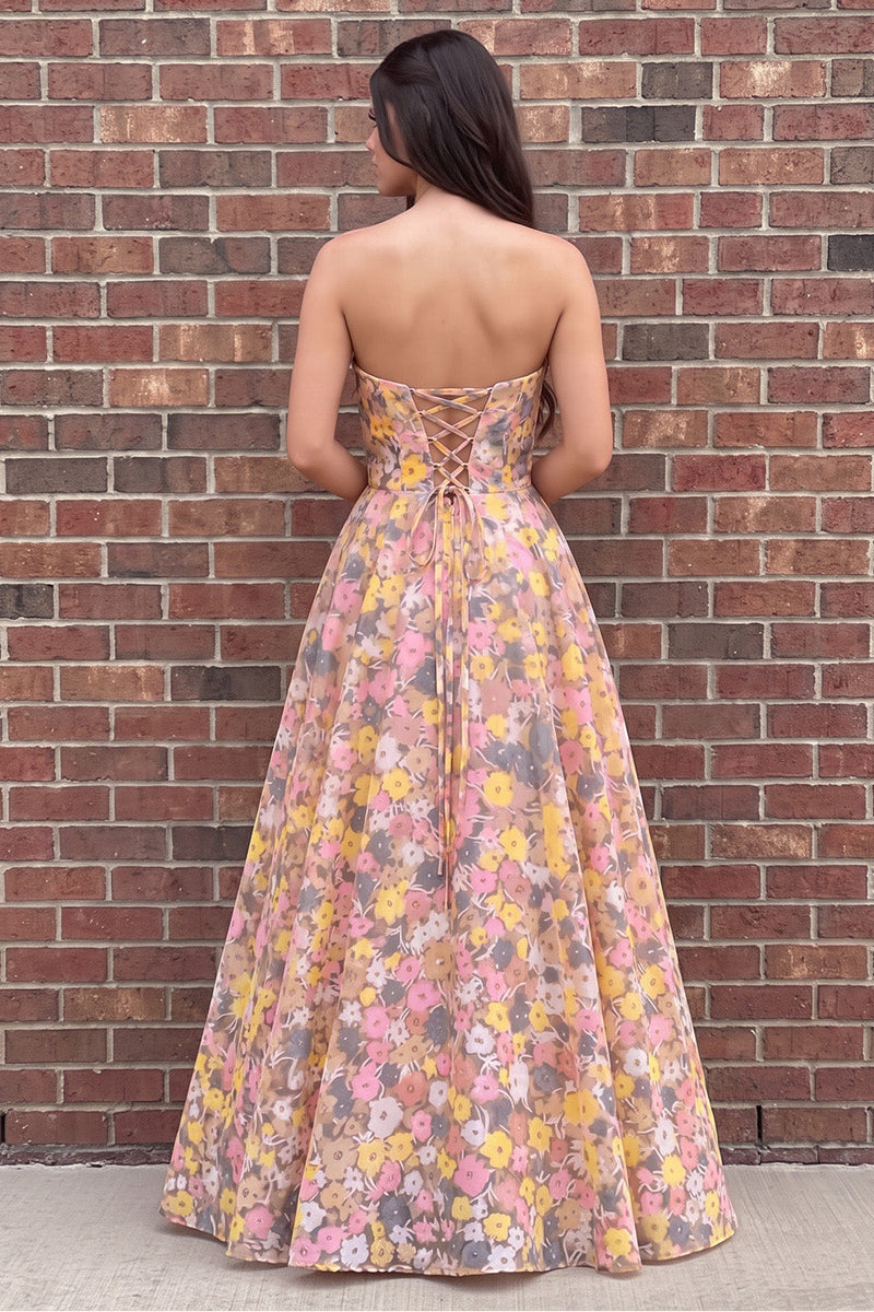 Load image into Gallery viewer, Sparkly Champagne Rose Sequin A-Line Floral Strapless Long Prom Dress