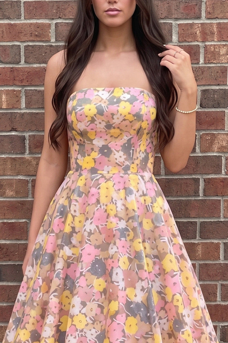 Load image into Gallery viewer, Sparkly Champagne Rose Sequin A-Line Floral Strapless Long Prom Dress