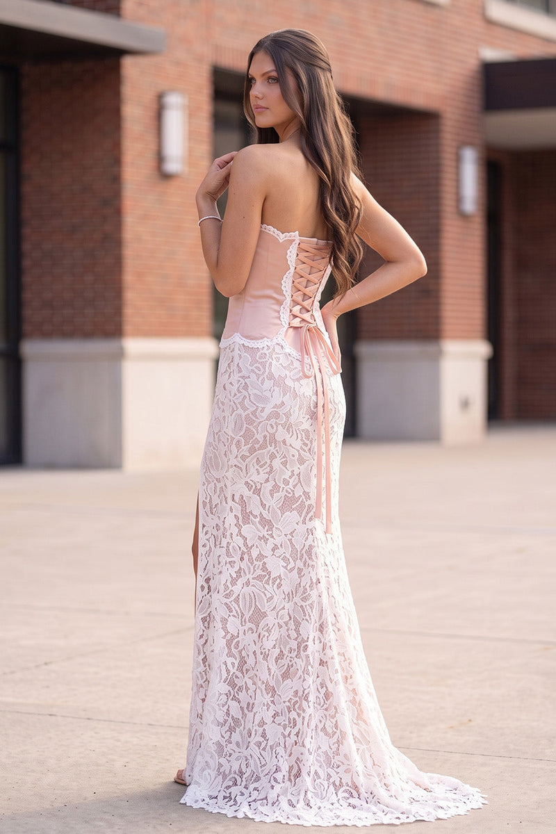 Load image into Gallery viewer, Blushing Pink Sweetheart Corset Mermaid Long Prom Dress with Lace
