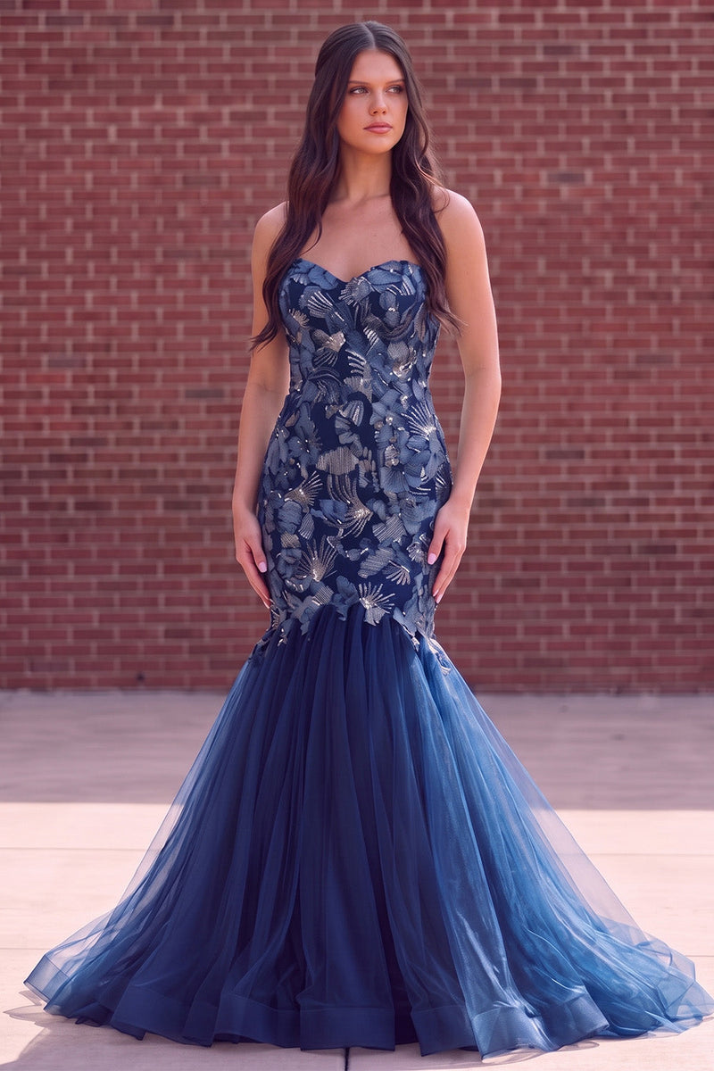 Load image into Gallery viewer, Sparkly Slate Blue Mermaid Sweetheart Tulle Long Prom Dress