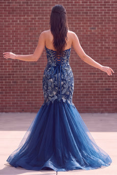 Sparkly Slate Blue Mermaid Sweetheart Tulle Long Prom Dress