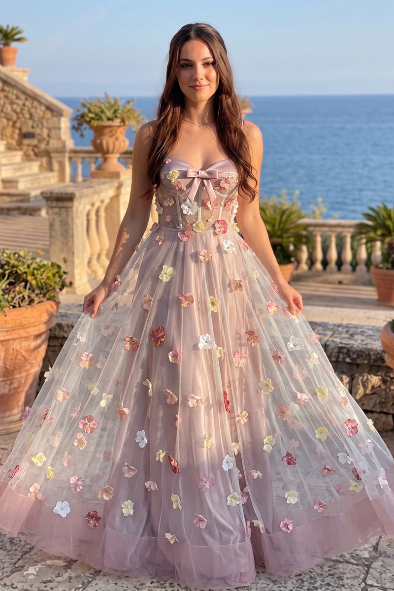 Load image into Gallery viewer, Pink Corset Sweetheart A-Line Long Prom Dress with 3D Flowers