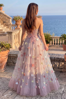 Pink Corset Sweetheart A-Line Long Prom Dress with 3D Flowers