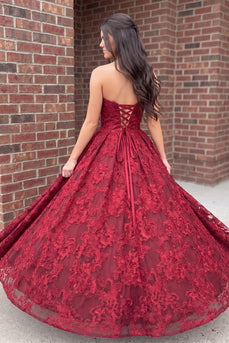 Burgundy Ball Gown Sweetheart Floral Long Prom Dress
