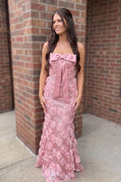 Load image into Gallery viewer, Pink Mermaid Sparkly Sequin Strapless Floral Long Prom Dress with Bow