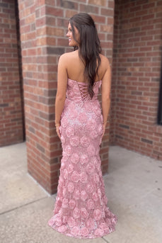 Pink Mermaid Sparkly Sequin Strapless Floral Long Prom Dress with Bow