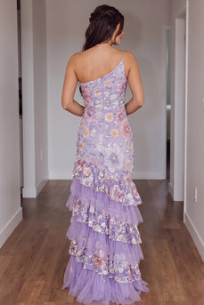 Sparkly Fog Mermaid Sequins One Shoulder Floral Ruffled Long Prom Dress