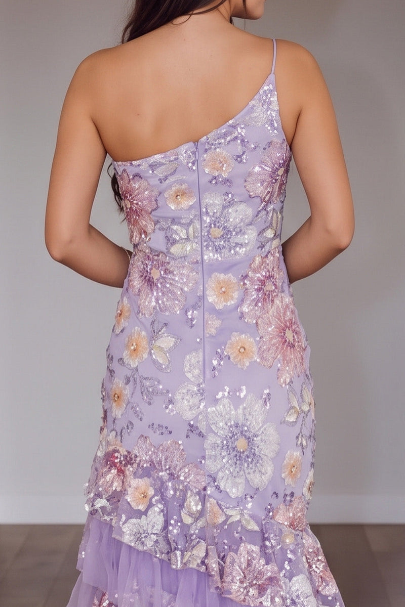 Load image into Gallery viewer, Sparkly Fog Mermaid Sequins One Shoulder Floral Ruffled Long Prom Dress