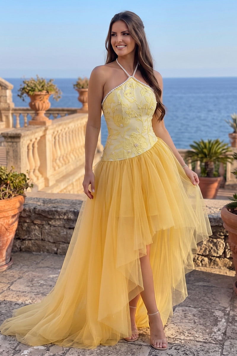 Load image into Gallery viewer, Sparkly Gold Halter A-Line Floral Hight Low Prom Dress with Pearls