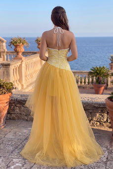 Sparkly Gold Halter A-Line Floral Hight Low Prom Dress with Pearls
