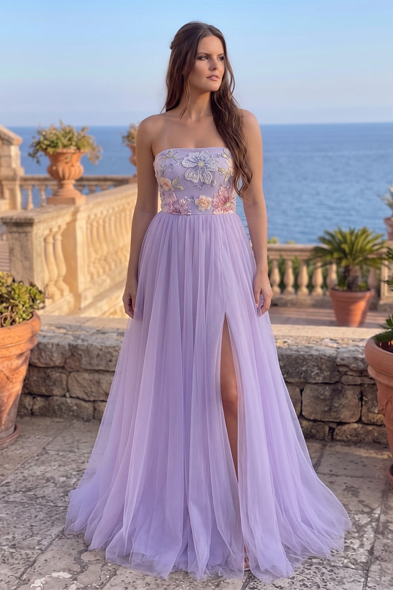 Load image into Gallery viewer, Fog A-Line Floral Tulle Strapless Appliqued Long Prom Dress with Slit