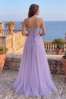 Fog A-Line Floral Tulle Strapless Appliqued Long Prom Dress with Slit