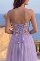 Load image into Gallery viewer, Fog A-Line Floral Tulle Strapless Appliqued Long Prom Dress with Slit