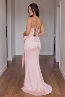 Pink Satin Ruched Mermaid Strapless Long Prom Dress with Bow