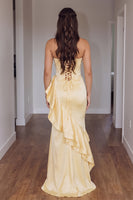 Load image into Gallery viewer, Gold Mermaid Square Neck Satin Corset Ruffled Long Prom Dress