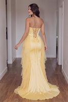 Load image into Gallery viewer, Gold Strapless Ruffled Corset Mermaid Long Prom Dress with Cape
