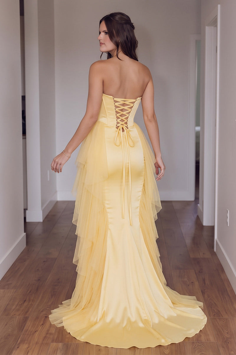 Load image into Gallery viewer, Gold Strapless Ruffled Corset Mermaid Long Prom Dress with Cape