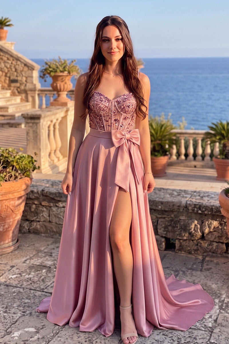 Load image into Gallery viewer, Sparkly Pink  A-Line CorsetSweetheart Long Prom Dress with Bow