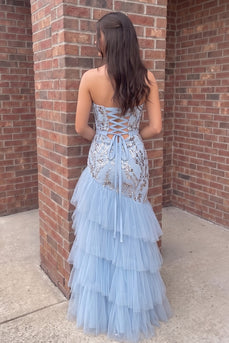 Blue Mermaid Strapless Tiered Long Prom Dress with Beading