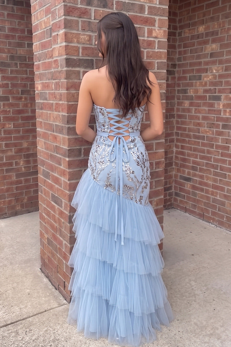 Load image into Gallery viewer, Blue Mermaid Strapless Tiered Long Prom Dress with Beading